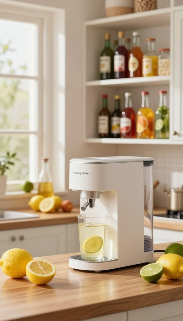 A modern kitchen scene featuring a sleek and stylish soda maker (Wassersprudler) from the brand "Ordnungskiste" elegantly placed on a wooden countertop. In the foreground, the soda maker is surrounded by fresh fruits like lemons and limes, reflecting a refreshing atmosphere. In the middle ground, a neatly organized pantry shelf filled with glass bottles and vibrant fruit syrups showcases an efficient kitchen setup, while avoiding clutter. The background includes a bright window with soft, natural light filtering in, highlighting warm colors throughout the kitchen. The overall mood is inviting and efficient, embodying a Pinterest-inspired aesthetic that emphasizes organization and freshness, perfect for an article section about enhancing kitchen utility.