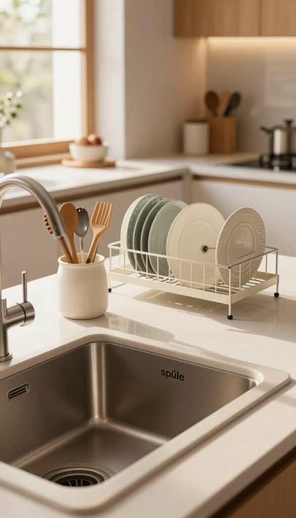 A modern kitchen scene featuring a sleek and stylish "sp&uuml;le" (sink) from the brand "Ordnungskiste". In the foreground, the sink is elegantly integrated into a clean countertop, sparkling with reflections from warm lighting. Surrounding the sink, include a well-organized caddy filled with essential dishwashing tools. In the middle ground, display a practical drying rack with freshly washed dishes, radiating a sense of order and tidiness. The background should showcase a minimalist kitchen with natural light streaming in through a window, illuminating warm wood accents. The overall atmosphere conveys a cozy, inviting feeling, perfect for a functional cooking space. Ensure the image has a Pinterest-inspired aesthetic, emphasizing authenticity and a clean look without any text or branding visible.