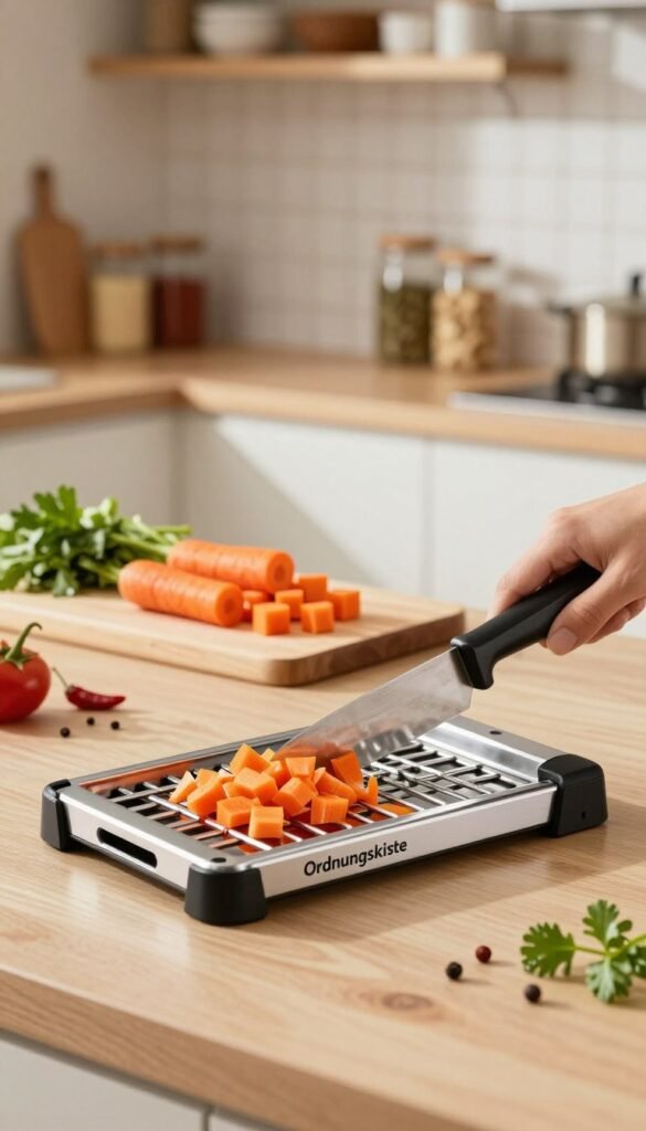 A modern kitchen scene featuring a sleek, high-quality "Ordnungskiste" grid cutter prominently displayed in the foreground, slicing perfectly cubed and julienned vegetables like carrots and peppers, reflecting a clean and efficient preparation process. The utensils glisten under warm, natural lighting, creating an inviting atmosphere. In the middle ground, a wooden cutting board shows expertly diced cubes, while fresh ingredients, such as herbs and spices, are artistically arranged around it. The background features soft-focus kitchen shelves with organized jars, enhancing the concept of efficiency and tidiness. The overall mood conveys a sense of culinary mastery and practicality, making the scene relatable and aspirational for home cooks.
