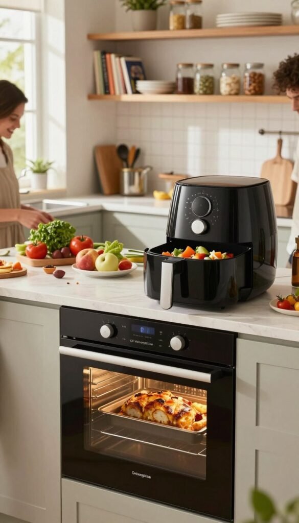 A modern kitchen scene featuring a sleek integrated oven and an Airfryer combination from the brand "Ordnungskiste". In the foreground, showcase the oven with a glass door, displaying a delicious roasted dish inside, and the Airfryer with vibrant food ready for serving. In the middle ground, include stylish countertops adorned with fresh ingredients and cooking utensils, bathed in natural light streaming through a window, creating a cozy vibe. The background features warm wooden shelves filled with organized cookbooks and glass jars, enhancing the kitchen's inviting atmosphere. The mood is friendly and collaborative, suggesting a perfect setup for multiple guests to enjoy cooking together. Capture this scene with a soft focus lens effect to add an authentic, Pinterest-worthy look.
