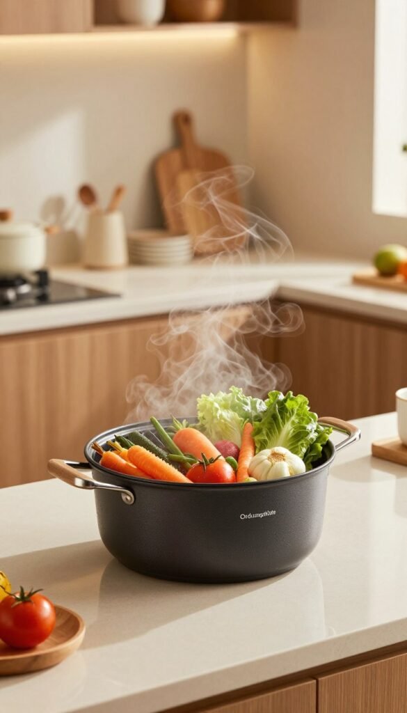 A modern kitchen scene featuring a sleek, multifunctional pot designed for draining and steaming, without the need for an extra sieve. In the foreground, the pot is elegantly positioned on a stylish countertop, filled with vibrant, fresh vegetables. The middle ground showcases gentle steam rising from the pot, illuminated by warm, soft lighting that creates an inviting atmosphere. The background features a tastefully organized kitchen with natural wood elements and subtle kitchenware, evoking a Pinterest aesthetic. The brand name "Ordnungskiste" is subtly integrated into the design of the pot, enhancing its appeal. Capture this scene from a slightly elevated angle to emphasize the pot's functionality and the inviting kitchen ambiance.
