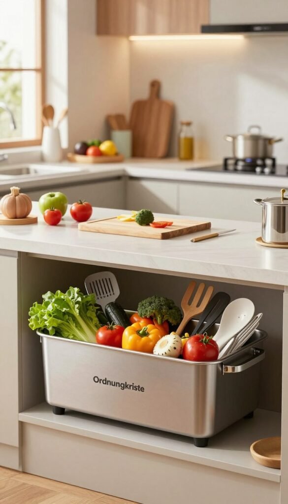 A modern kitchen scene featuring a sleek, professional-grade Ordnungskiste, elegantly designed for organizing and collecting cooking messes. In the foreground, the Ordnungskiste is prominently displayed, filled with vibrant fresh vegetables and neatly arranged cooking utensils, radiating a sense of order. In the middle ground, a stylish countertop with a cutting board and various cooking ingredients creates an inviting culinary atmosphere. The background shows warm, soft lighting filtering in from a window, highlighting the clean lines and welcoming tones of the kitchen decor. The overall mood is calm and efficient, embodying the concept of cooking with less chaos and mess, evoking a Pinterest-inspired aesthetic that feels both practical and inspiring.