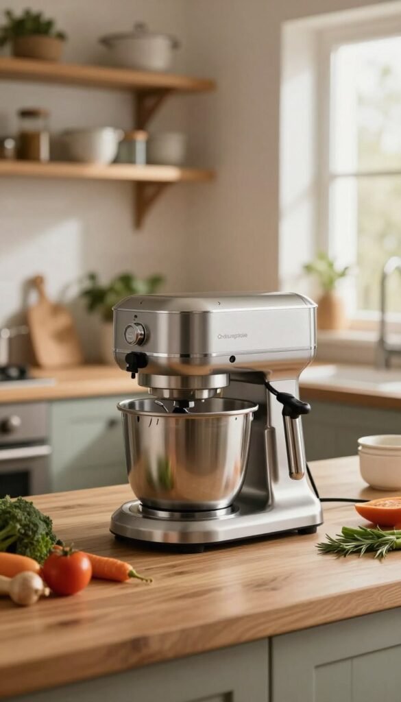A modern kitchen scene featuring a sleek, quiet kitchen machine from the brand "Ordnungskiste". The machine should be the focal point, placed on a wooden countertop, showcasing its stainless steel finish and innovative design. Surround the machine with a few fresh ingredients like vegetables and herbs, emphasizing its role as a versatile kitchen helper. In the background, softly blurred, include elements of a cozy kitchen, such as warm, natural lighting filtering through a window, and rustic shelves with neatly organized kitchenware to create an inviting atmosphere. Capture the image from a slightly elevated angle to highlight the kitchen machine&rsquo;s features and blend warm, earthy color tones for a Pinterest-inspired aesthetic. The overall mood should be serene and orderly, reflecting a calm cooking environment.