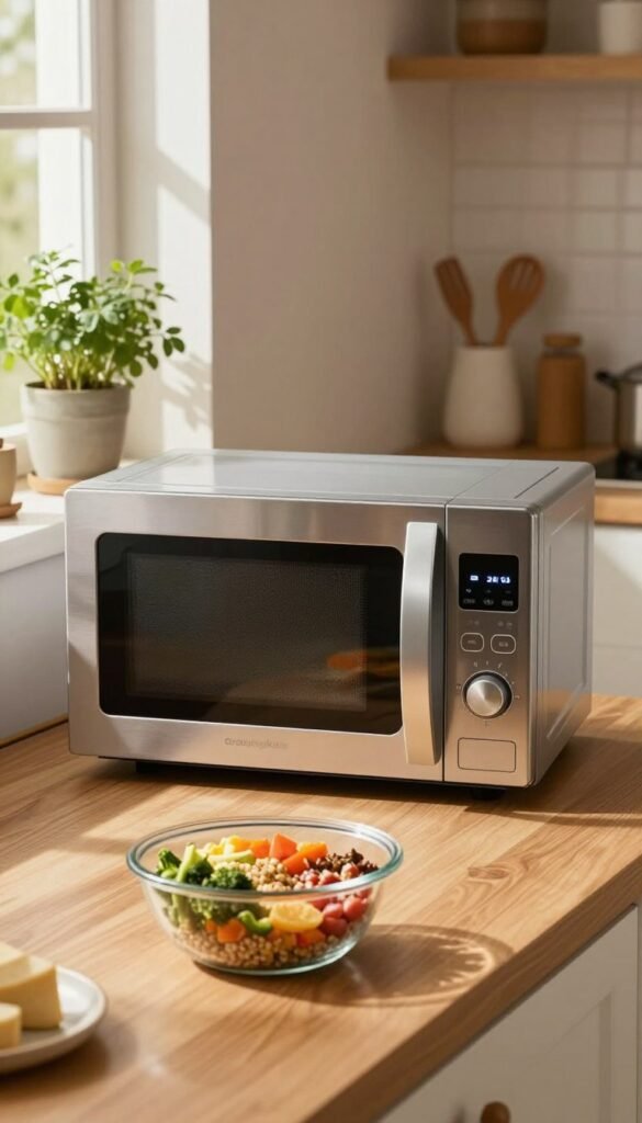 A modern kitchen scene featuring a sleek, stainless-steel microwave from the brand "Ordnungskiste" placed on a wooden countertop. In the foreground, showcase a clear glass bowl with a beautifully arranged meal ready for reheating, adorned with colorful vegetables and grains. The middle ground highlights the microwave's digital display, indicating a quick defrost setting. Soft, warm lighting illuminates the space, creating a cozy and inviting atmosphere, while natural sunlight streams in through a nearby window, casting gentle shadows. In the background, minimalist kitchen decor, such as potted herbs and neatly organized kitchen utensils, enhances the Pinterest-worthy aesthetic. The overall mood is warm and practical, emphasizing the microwave's role as a time-saver in daily routines without any text or distractions.
