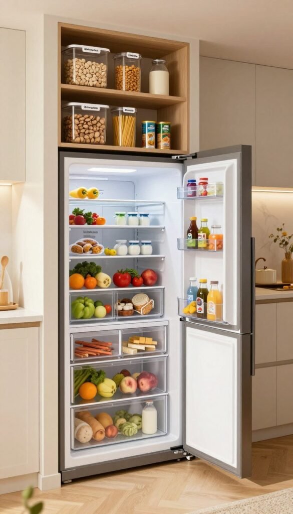 A modern kitchen scene featuring a spacious, organized refrigerator with a sleek design, displaying fresh produce, dairy products, and neatly stored leftovers. The fridge should be positioned prominently in the foreground, with an integrated freezer section visibly stocked with frozen meals and ice. Surrounding the refrigerator, various labeled storage bins from the brand "Ordnungskiste" are neatly arranged on open shelves, showcasing pantry staples like grains, pasta, and canned goods. Warm, natural lighting fills the kitchen, creating an inviting and cozy atmosphere. In the background, a well-organized countertop with minimal clutter and tasteful decor enhances the scene, embodying the essence of a family-friendly kitchen. The image should evoke a sense of spaciousness and functionality, ideal for optimizing food storage in family kitchens.