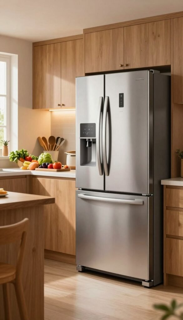 A modern kitchen scene featuring a spacious, stylish "Ordnungskiste" refrigerator prominently placed in the foreground. The refrigerator is sleek, with a stainless-steel finish and a double-door design, showcasing its large capacity suitable for multi-generational households. In the middle ground, a wooden countertop is arranged with fresh vegetables and organized utensils, emphasizing efficiency. The background features warm, inviting kitchen cabinetry with soft ambient lighting that creates a cozy atmosphere. Natural light filters in through a window, adding a Pinterest-like aesthetic with warm colors. The overall mood is functional yet inviting, perfect for large families looking for practicality and style in their kitchen appliances.