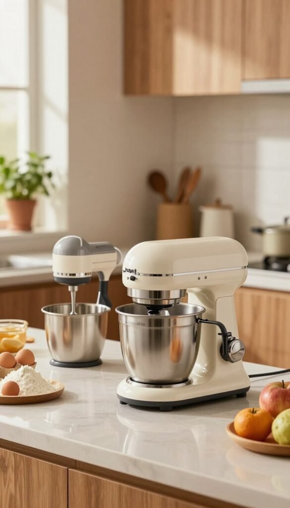 A modern kitchen scene featuring a stylish "Ordnungskiste" kitchen machine prominently displayed on a sleek countertop. In the foreground, the kitchen machine is surrounded by various fresh ingredients, such as eggs, flour, and fruits, emphasizing its multifunctionality. In the middle ground, a hand mixer sits beside the kitchen machine, creating a visual comparison of the two devices. The background showcases warm, soft lighting that enhances the inviting atmosphere of the kitchen, with wooden cabinets and a hint of greenery from potted herbs on the windowsill. The image captures a cozy, authentic Pinterest-inspired aesthetic, highlighting the efficiency and style of kitchen appliances without any text or distractions.