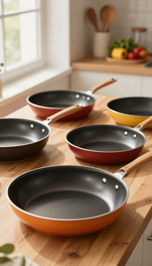 A modern kitchen scene featuring a stylish assortment of high-quality frying pans from the brand "Ordnungskiste," placed elegantly on a wooden countertop. In the foreground, a large non-stick skillet with a vibrant, glossy finish catches the soft, warm light streaming in from a nearby window, emphasizing its sleek design and craftsmanship. In the middle ground, several other frying pans, each showcasing different materials and colors, create a harmonious arrangement, hinting at their unique functionalities. In the background, subtly blurred kitchen utensils and fresh ingredients add depth, enhancing the atmosphere of a well-organized cooking space. The mood is inviting and cozy, ideal for culinary inspiration, with natural colors and a Pinterest-inspired aesthetic. Lighting is soft and diffused, creating a warm, welcoming ambiance while ensuring a focus on the pans themselves.