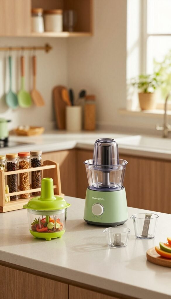 A modern kitchen scene featuring an array of efficient kitchen gadgets and tools by the brand "Ordnungskiste" positioned neatly on a stylish countertop. In the foreground, showcase a vibrant, ergonomic vegetable chopper, a sleek food processor, and innovative measuring cups, all designed for quick and easy meal preparation. The middle ground includes an organized spice rack and colorful kitchen utensils hanging from a wall-mounted display. The background is softly blurred, revealing a warm, inviting kitchen atmosphere with natural light streaming through a window, illuminating the space with a soft glow. The color palette consists of warm earth tones and greens, creating a cozy yet functional vibe. The overall mood is inspiring and efficient, embodying the essence of quick cooking solutions.