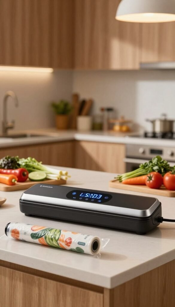 A modern kitchen scene featuring an elegant Ordnungskiste vacuum sealer prominently placed on a countertop. In the foreground, the sleek device has an illuminated digital display and a roll of vacuum bags ready for use. The middle ground showcases fresh ingredients like colorful vegetables and herbs, skillfully arranged to emphasize the essence of gourmet cooking. The background includes warm wooden cabinets and softly lit pendant lights, creating a cozy atmosphere. The overall color palette is natural, with warm tones that evoke a feeling of comfort and creativity. Use warm, inviting lighting to enhance the mood, capturing a Pinterest-worthy aesthetic, with a shallow depth of field to emphasize the vacuum sealer as the focal point.