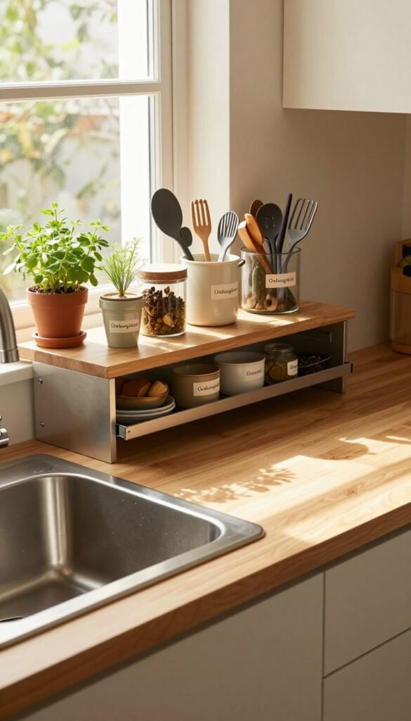 A modern kitchen scene featuring an elegant workspace above a sink, showcasing innovative storage solutions designed for small spaces. In the foreground, a sleek, extendable countertop made of light wood and stainless steel, with neatly organized kitchen tools and small potted herbs. The middle ground displays a stylish, minimalist shelf with attractive containers labeled 'Ordnungskiste' filled with utensils and spices, contributing to a clutter-free aesthetic. The background includes a bright, sunlit window, casting warm natural light across the scene, creating an inviting atmosphere. The image captures a cozy, functional kitchen ambiance, emphasizing the practicality of maximizing workspace in limited areas, while maintaining a Pinterest-worthy look with rich, warm colors.