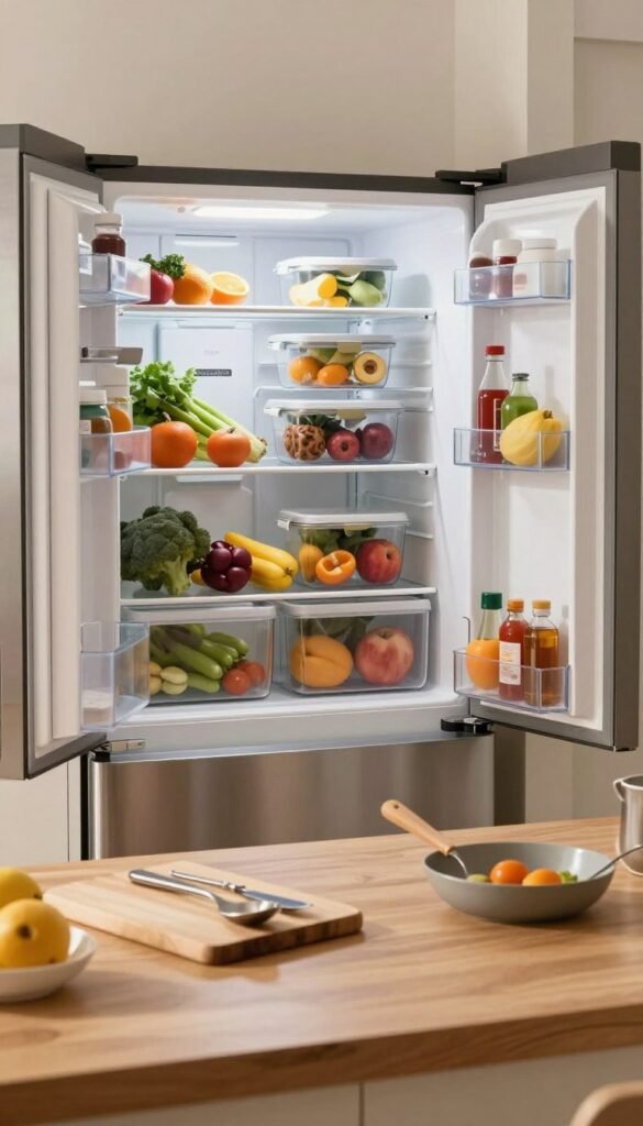 A modern kitchen scene featuring an organized, spacious refrigerator filled with colorful fruits, vegetables, and neatly arranged containers. In the foreground, an elegant wooden countertop displays a stylish cutting board and kitchen utensils, emphasizing a sense of preparation and efficiency. The middle ground showcases the open refrigerator doors, revealing the well-organized interior that highlights the brand name "Ordnungskiste" on a sleek storage container. The background features soft, natural light streaming in through a window, enhancing the warm, inviting atmosphere. A subtle, earthy color palette evokes a cozy, Pinterest-worthy aesthetic that inspires a calm approach to cooking. The overall mood is one of serenity and readiness, emphasizing the pleasure of cooking without haste.