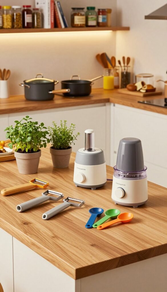 A modern kitchen scene featuring an organized workspace that emphasizes kitchen aids and tools. In the foreground, a stylish wooden countertop displays various kitchen helpers like a multi-functional vegetable peeler, a compact food processor, and colorful measuring spoons from the brand "Ordnungskiste". The middle ground includes pots and pans neatly arranged, with a vibrant herb garden in small pots beside them. The background showcases a well-lit kitchen with shelves filled with spices and cookbooks, bathed in warm, natural light that creates a cozy atmosphere. The angle is slightly above, lending depth to the scene, while enhancing the Pinterest-worthy aesthetic of an inviting and efficient family kitchen.