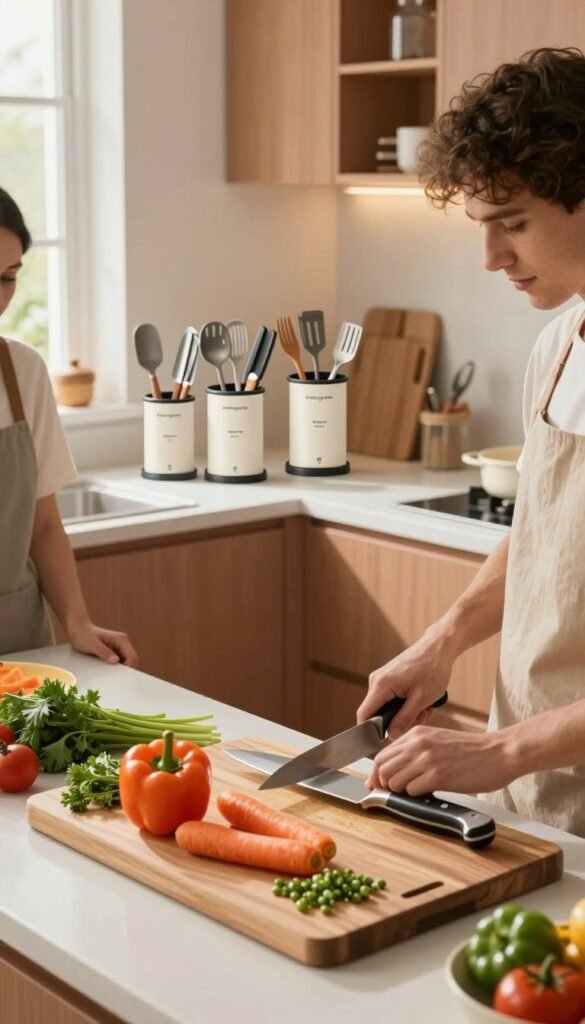 A modern kitchen scene featuring efficient kitchen helpers for quick cutting and safe food preparation. In the foreground, include a beautifully arranged wooden cutting board with fresh vegetables like bell peppers, carrots, and herbs, along with a sleek stainless-steel knife. The middle ground shows a well-organized countertop with high-quality organizers labeled "Ordnungskiste," displaying various utensils and chopping tools that enhance kitchen efficiency. The background features soft-lit cabinetry in warm colors, creating an inviting atmosphere. Use natural light spilling through a nearby window, highlighting the textures of the food and tools. Capture this image from a slightly elevated angle to provide a comprehensive view, evoking a cozy and productive mood suitable for everyday cooking. The overall composition should resonate with a Pinterest-worthy aesthetic, conveying warmth and authenticity, without any text or branding overlays.