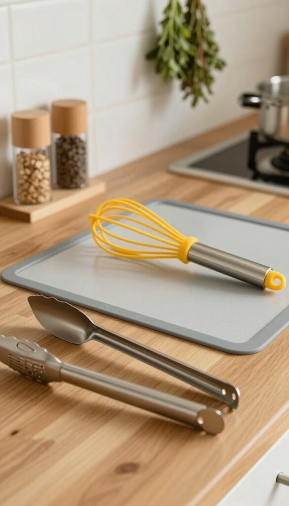 A modern kitchen scene featuring high-quality kitchen tools made of stainless steel and silicone. In the foreground, display a selection of sleek stainless steel utensils like tongs and spatulas elegantly arranged on a wooden countertop. In the middle, place a stylish silicone baking mat and a vibrant silicone whisk in contrasting colors that pop against the stainless steel. The background should show soft-focus kitchen elements, such as a minimalist spice rack and hanging herbs, creating an inviting atmosphere. Use warm, natural lighting to enhance the textures and details, giving the image a cozy, Pinterest-worthy aesthetic. The brand name "Ordnungskiste" should subtly appear on one of the utensils. The overall mood should be authentic and harmonious, emphasizing functionality and style.