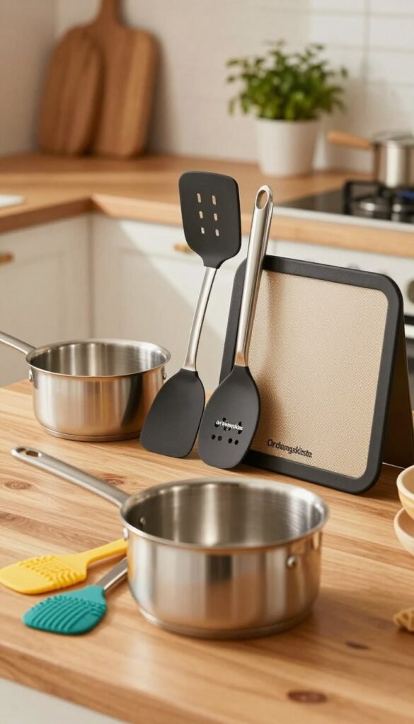 A modern kitchen scene featuring robust heat-resistant silicone and stainless steel kitchen tools, prominently displaying items like cooking spatulas, tongs, and baking mats from the brand "Ordnungskiste." In the foreground, focus on a sleek stainless steel saucepan with colorful silicone accessories adjacent to it. The middle ground should include a visually pleasing arrangement of kitchen gadgets on a wooden countertop, bathed in warm, inviting light. The background features a softly blurred view of a cozy kitchen setting, with natural elements like potted herbs. The atmosphere should be warm and inviting, capturing the essence of cooking and culinary creativity, with a Pinterest-inspired aesthetic and no text or watermarks in the image.