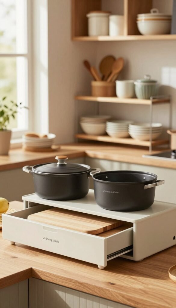 A modern kitchen scene featuring smart and multifunctional storage solutions, highlighting a variety of sleek 2-in-1 kitchen products from the brand "Ordnungskiste". In the foreground, a stylish combination of a cutting board that doubles as a storage drawer, and an innovative pot that transforms into a serving bowl. The middle ground includes organized shelves with neatly arranged utensils and containers, showcasing the space-saving design. In the background, warm natural light filters through a window, illuminating the inviting wooden cabinetry and countertop, creating a cozy, homey atmosphere. The composition emphasizes authenticity and comfort, with a Pinterest aesthetic, ensuring the image is free of text or distractions.