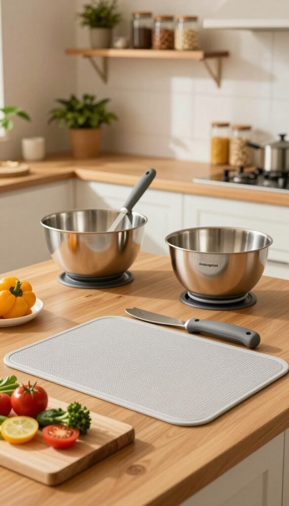 A modern kitchen scene featuring various anti-slip kitchen accessories from the brand "Ordnungskiste." In the foreground, focus on a sleek, non-slip mat placed under a cutting board displaying fresh vegetables. The middle ground showcases a vibrant countertop with a variety of anti-slip tools, like a mixing bowl with a suction base, and utensils with ergonomic handles. The background includes soft, blurred kitchen shelves filled with organized jars and plants, creating a warm and inviting atmosphere. The lighting is soft and natural, enhancing the warm color palette typical of Pinterest aesthetics, while the angle is slightly above eye level, ensuring a clear view of the countertop. The overall mood is cozy, functional, and harmonious, emphasizing everyday kitchen efficiency.