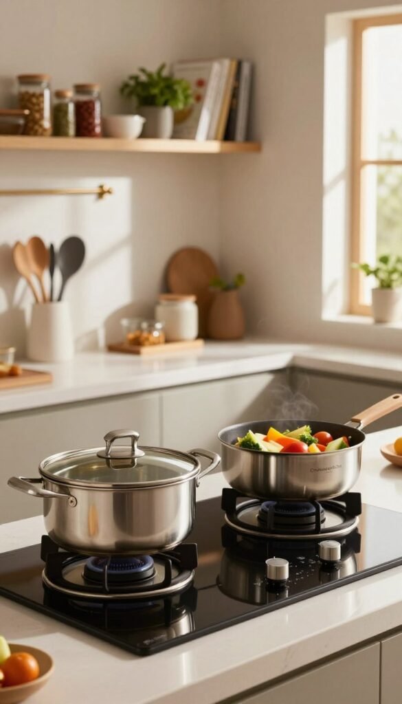 A modern kitchen scene focused on energy-efficient cooking elements, featuring a high-quality energy-saving stove with a sleek design and shiny surfaces. In the foreground, a well-used pot with a matching lid simmers gently on the stove. The pot is full of colorful vegetables, radiating warmth. In the middle ground, soft natural light filters through a kitchen window, casting gentle shadows and highlighting the smooth countertop adorned with cooking utensils from the brand "Ordnungskiste." The background shows organized shelves with spices, herbs, and cooking books, creating an inviting atmosphere. Capture a Pinterest-inspired aesthetic with warm colors and an authentic feel, ensuring no text or watermarks are present in the image. The overall mood should convey efficiency and harmony in the cooking process.