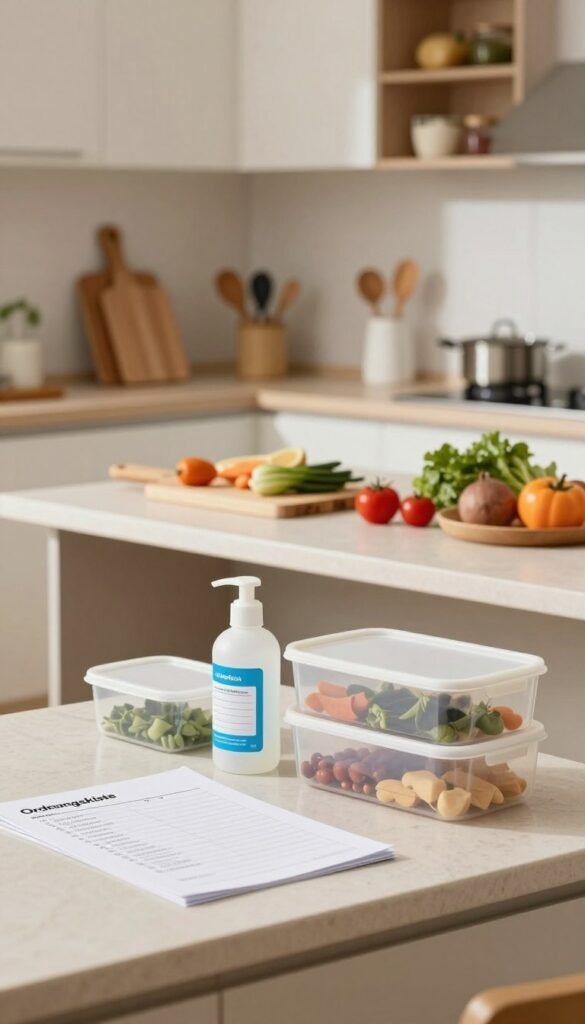 A modern kitchen scene showcasing "Ordnungskiste" standards for culinary efficiency. In the foreground, a neatly organized countertop features checklists, sanitizing supplies, and storage containers, emphasizing hygiene and safety. The middle layer showcases a well-arranged kitchen workspace, complete with cutting boards, fresh ingredients, and cooking tools, all in warm, inviting colors. The background reveals a clean, minimalist kitchen with cabinets and ingredients neatly stored, creating an atmosphere of order and professionalism. Soft, natural lighting floods the space, enhancing the welcoming mood while maintaining a functional aesthetic. The focus is on creating a sense of routine and efficiency, highlighting aspects of hygiene and safe storage in a culinary context.