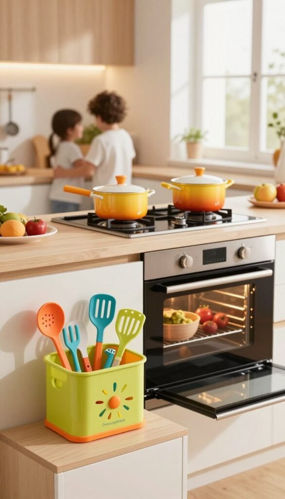 A modern kitchen scene showcasing a stovetop and oven area, highlighting potential child safety hazards. In the foreground, a colorful child-safe kitchen organizer labeled "Ordnungskiste" filled with kitchen tools and utensils is placed on the countertop. In the middle, the stovetop with bright, warm colors displays pots with vibrant food ingredients, while the oven door is slightly ajar, revealing various cooking items inside. In the background, a family-friendly kitchen ambiance features soft lighting, giving a cozy feel, with a window letting in natural light. The overall atmosphere is inviting yet cautionary, perfect for illustrating areas in the kitchen that require safety attention for children. No text, captions, or logos in the image.