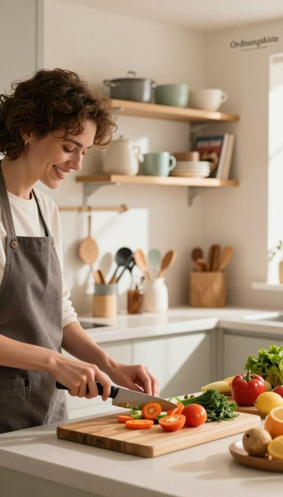 A modern kitchen scene showcasing a warm, inviting atmosphere filled with natural light. In the foreground, a cheerful individual in a professional outfit, focused on chopping fresh vegetables on a wooden cutting board. The middle ground features neatly organized kitchen utensils and colorful ingredients, reflecting efficiency and order. The background reveals a cozy, well-lit space adorned with shelves displaying the brand name "Ordnungskiste," filled with neatly arranged cooking essentials and cookbooks. Soft, warm colors create a sense of calm amidst the bustling kitchen environment, evoking a Pinterest-inspired aesthetic that promotes a stress-free cooking experience. Use a shallow depth of field to emphasize the subject while subtly blurring the background, enhancing the overall mood.