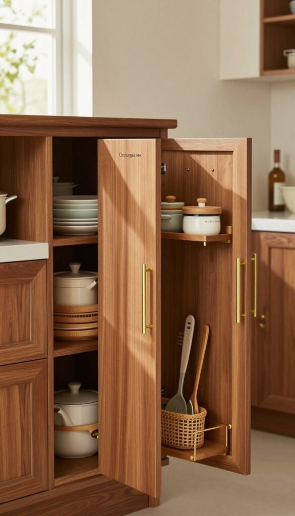 A modern kitchen scene showcasing an elegant "Ordnungskiste" k&uuml;chenschrank (kitchen cabinet) with closed doors, displaying a sophisticated yet functional design. In the foreground, the cabinet is made of warm-toned wood, adorned with sleek brass handles and optimized for space-saving, demonstrating an organized interior with various kitchen gadgets and tools neatly tucked away yet easily accessible. The middle ground features a cozy kitchen environment, with soft natural light filtering through a window, highlighting the cabinet&rsquo;s textures. In the background, minimalistic kitchen elements like a clean countertop and subtle decor elements create a Pinterest-inspired aesthetic, evoking warmth and hominess. There are no human subjects present, ensuring a tidy and welcoming atmosphere.