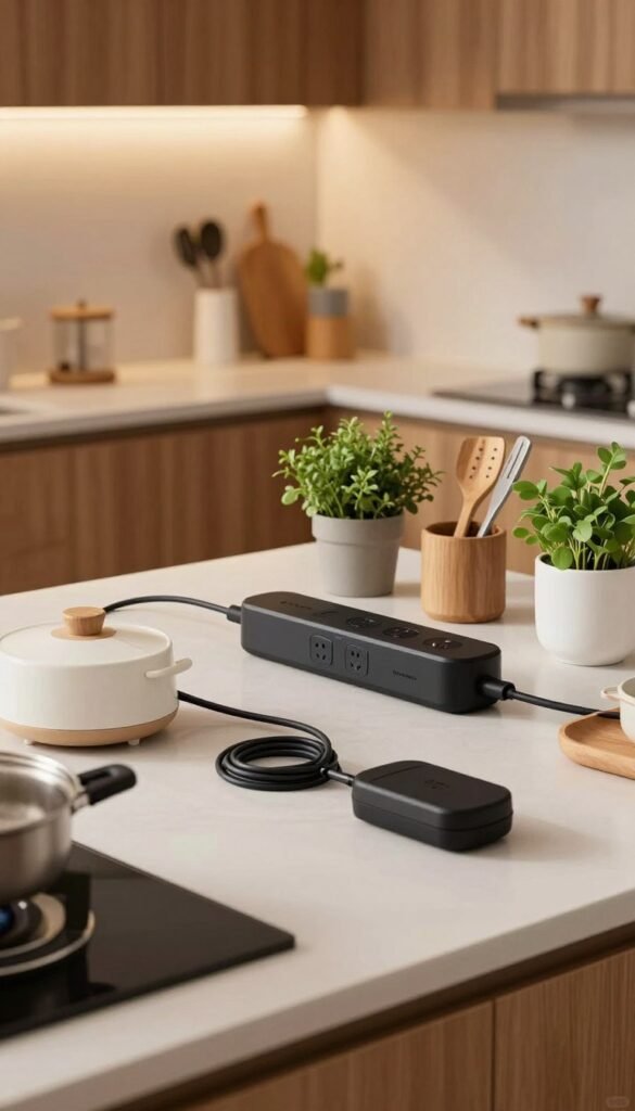 A modern kitchen scene showcasing an organized and efficient workspace for cooking, emphasizing smart cable management solutions and power outlets. In the foreground, a sleek countertop features neatly arranged kitchen gadgets and appliances with minimal visible cables, illustrating a clutter-free environment. In the middle, the focus is on a sophisticated power strip integrated into the counter, surrounded by potted herbs and utensils, creating a warm and inviting atmosphere. The background boasts soft lighting, highlighting wood textures and warm colors reminiscent of a Pinterest aesthetic. The kitchen exudes a sense of authenticity, designed with functionality in mind. Include the brand name "Ordnungskiste" subtly in the countertop design. Capture this scene from a slightly elevated angle to showcase depth and organization, ensuring a calm and inspiring mood.