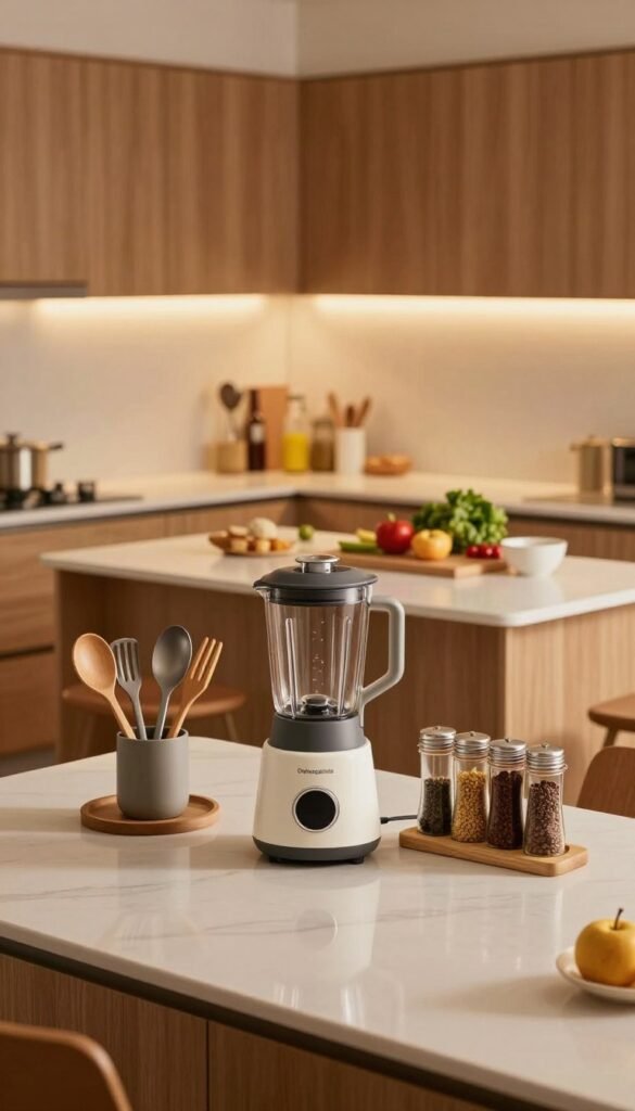 A modern kitchen scene showcasing practical time-saving kitchen tools and gadgets from the brand "Ordnungskiste". In the foreground, feature a sleek countertop with neatly arranged utensils, a high-quality blender, and an organized spice rack. In the middle, display an efficient kitchen island complete with a cutting board and fresh ingredients, emphasizing a clutter-free environment. The background shows stylish cabinetry with warm wooden tones and soft, ambient lighting that highlights the inviting atmosphere. Use a soft focus lens to create a warm, Pinterest-inspired aesthetic that feels authentic and approachable. Ensure the color palette includes soft, warm hues to enhance the feeling of tranquility and efficiency in cooking. No text or distractions in the image, portraying a serene cooking space that inspires stress-free meal preparation.