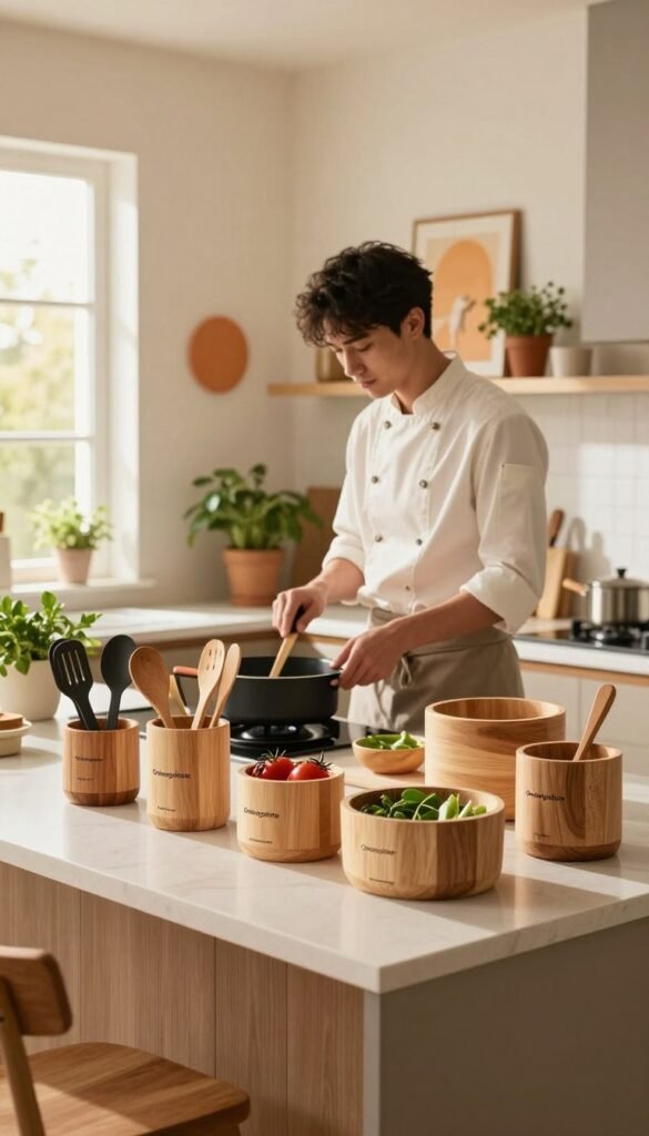 A modern kitchen scene showcasing the concept of reducing cooking effort. In the foreground, a tidy kitchen island features organized cooking tools and ingredients from the brand "Ordnungskiste," neatly displayed in natural wooden containers. In the middle, a chef in professional attire is preparing a meal with ease, emphasizing a stress-free cooking process. The background includes a window with soft, warm sunlight streaming in, highlighting the kitchen's inviting atmosphere. The walls are adorned with potted herbs and tasteful decorations in warm colors, creating a cozy, Pinterest-inspired look. The overall mood should feel harmonious and inspiring, reflecting the ease and enjoyment of cooking when well organized, with no text or distractions in the image.