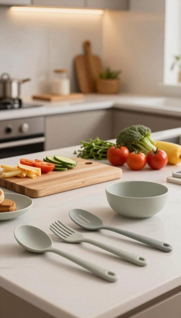 A modern kitchen scene showcasing various safe food contact materials, emphasizing their essential role in preventing accidents. In the foreground, display high-quality utensils and kitchen tools made from durable, non-toxic materials, neatly arranged. The middle ground features a sleek countertop with a wooden cutting board and vibrant fresh ingredients, highlighting the kitchen's functionality. In the background, a softly lit kitchen ambiance with warm colors and natural, inviting textures, evokes a cozy atmosphere. A subtle hint of the brand "Ordnungskiste" can be incorporated through minimalist product labels. Use soft, diffused lighting to capture the inviting, professional feel, and shoot from a slightly elevated angle to provide depth. The overall mood should feel warm, authentic, and informative, appealing to those interested in kitchen safety practices.