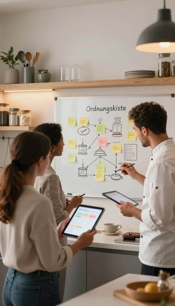 A modern kitchen scene where a diverse group of professionals is actively analyzing workflow processes. In the foreground, a businesswoman in professional attire examines a digital tablet, while a man in a chef's coat reviews a cooking schedule. The middle ground features labeled diagrams of cooking processes on a whiteboard, with post-it notes and flow charts that showcase areas for improvement. The background depicts an organized kitchen with warm lighting, stainless steel appliances, and neatly arranged utensils, creating a cozy yet productive atmosphere. The overall mood emphasizes collaboration and efficiency, reflecting the concept of "Ordnungskiste" with natural colors and a Pinterest-inspired aesthetic.