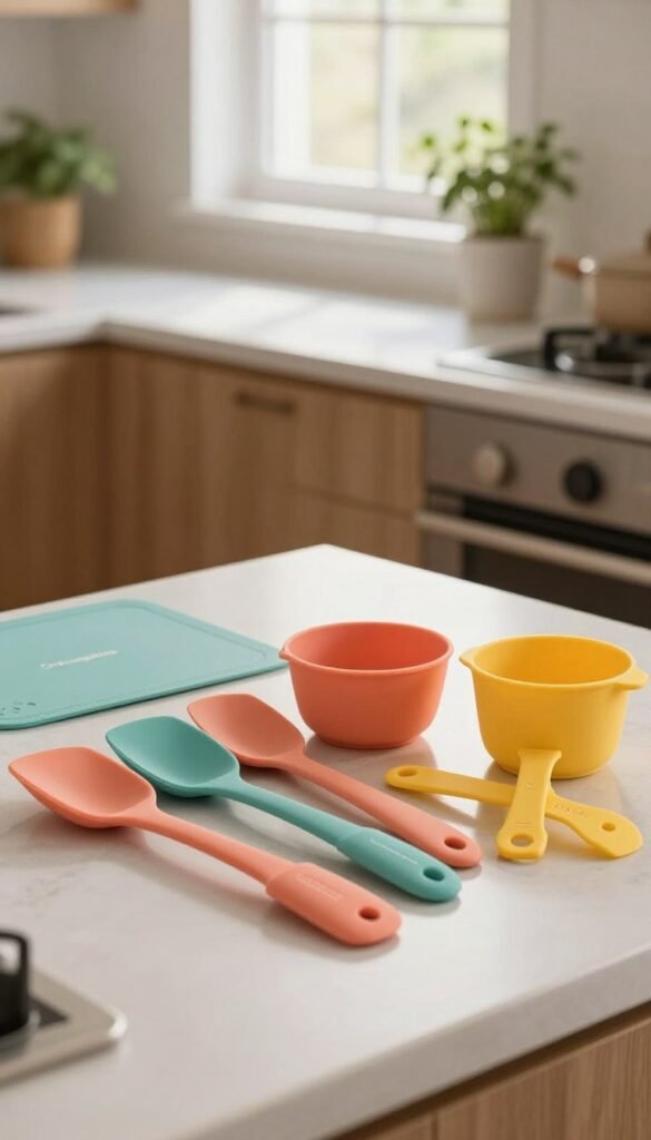 A modern kitchen setting featuring a collection of premium silicone utensils from "Ordnungskiste". In the foreground, beautifully arranged silicone spatulas, baking mats, and measuring cups in vibrant, warm colors like teal, coral, and yellow, showcasing their flexible texture. In the middle, a sleek countertop with a slight sheen from natural lighting that filters through a nearby window, creating a cozy atmosphere. The background includes subtle hints of wooden cabinets and potted herbs, enhancing the homely feeling. The image captures a casual yet sophisticated mood, with a soft focus emphasizing the utensils while the kitchen remains inviting and functional, reflecting the advantages and uses of silicone in cooking.