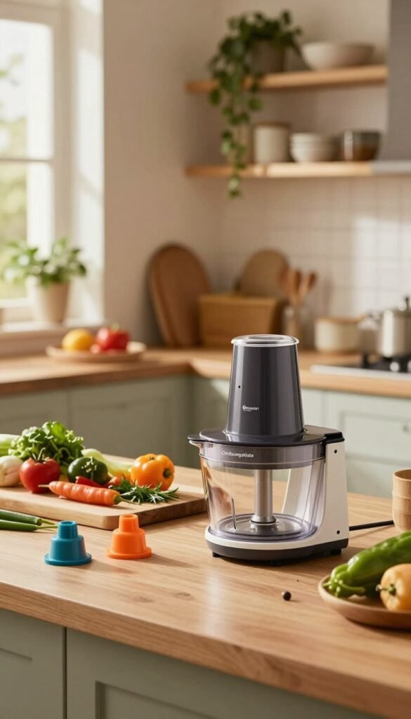 A modern kitchen setting featuring a sleek "Ordnungskiste" multizerkleinerer prominently displayed in the foreground. The device is accompanied by various colorful attachments for chopping, whipping, and mixing, showcasing its versatility. In the middle scene, a wooden cutting board is strewn with fresh vegetables and herbs, emphasizing the multizerkleinerer's practical use. The background includes soft-focus shelves filled with kitchenware, plants, and warm ambient lighting, creating a cozy atmosphere. The image captures a warm, inviting mood with natural light filtering through a nearby window, highlighting the textures of the food and equipment. The scene is styled in a Pinterest-worthy aesthetic, combining functionality and beauty in a harmonious kitchen environment, authentically showcasing the multizerkleinerer's features without any text or watermarks.