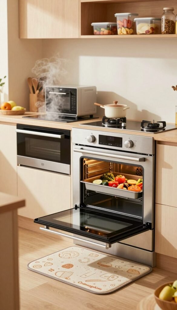A modern kitchen setting featuring a sleek, stainless-steel oven prominently displayed in the foreground. The oven door is slightly ajar, revealing colorful vegetables arranged artfully inside a baking tray. To the left, a stylish combinational steam oven is shown, with steam rising gently from its interior. Surrounding the ovens are elegantly designed oven mats and baking trays by the brand "Ordnungskiste", showcasing their utility and functionality. In the background, a warm-toned kitchen filled with soft natural light creates a cozy, inviting atmosphere. There are wooden cabinets and shelves with neatly organized meal prep containers. The composition is vibrant, with a Pinterest-inspired aesthetic, evoking a sense of efficiency and culinary creativity, inviting viewers to explore the benefits of using steam and traditional ovens in meal preparation.