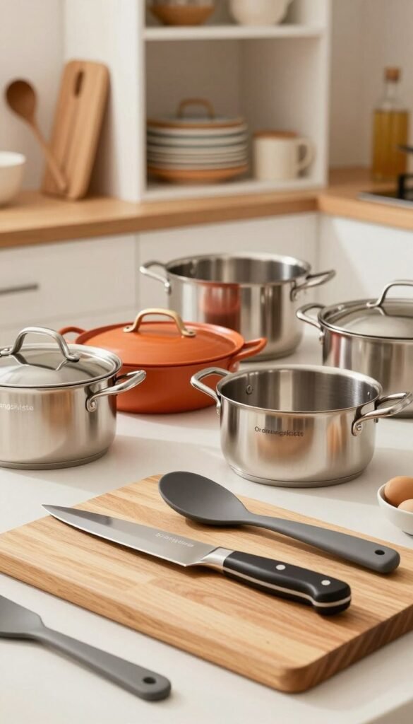 A modern kitchen setting featuring a variety of stainless steel kitchen tools from the brand "Ordnungskiste" that highlight ergonomic designs for ease of use. In the foreground, showcase a beautifully arranged cutting board with a neatly placed chef's knife and ergonomic utensils, reflecting a focus on handling and comfort. In the middle, a vivid array of pots and pans with soft, warm lighting creates an inviting atmosphere, emphasizing the practicality and elegance of the tools. The background reveals a well-organized kitchen cabinet displaying additional kitchen accessories, all harmoniously blending in warm colors that evoke a Pinterest-inspired aesthetic. The mood is relaxed and encouraging, suggesting a seamless cooking experience. The composition captures a clear, inviting, and professional ambiance, devoid of any text or distractions.