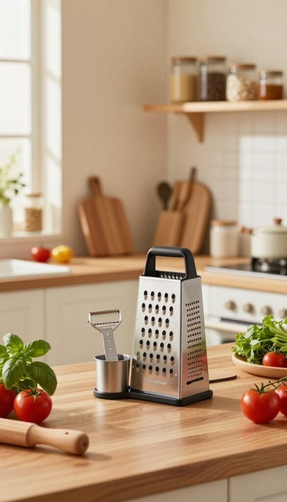 A modern kitchen setting showcasing the "Ordnungskiste" multifunctional helper. In the foreground, a sleek, multifunctional kitchen tool is prominently displayed on a wooden countertop. The tool should be versatile in design, combining features like a grater, peeler, and measuring cup, surrounded by fresh vegetables and herbs like basil and tomatoes to depict its usage. In the middle ground, a tidy kitchen environment with neatly organized shelves filled with jars and utensils aligns with the theme of minimizing clutter. The background features soft, warm-colored walls and a cozy window letting in natural light. The overall mood is inviting and practical, emphasizing efficiency and space-saving, with a Pinterest-inspired aesthetic that feels authentic and homey, free of any text or branding beyond the product itself. A modern kitchen setting showcasing the "Ordnungskiste" multifunctional helper. In the foreground, a sleek, multifunctional kitchen tool is prominently displayed on a wooden countertop. The tool should be versatile in design, combining features like a grater, peeler, and measuring cup, surrounded by fresh vegetables and herbs like basil and tomatoes to depict its usage. In the middle ground, a tidy kitchen environment with neatly organized shelves filled with jars and utensils aligns with the theme of minimizing clutter. The background features soft, warm-colored walls and a cozy window letting in natural light. The overall mood is inviting and practical, emphasizing efficiency and space-saving, with a Pinterest-inspired aesthetic that feels authentic and homey, free of any text or branding beyond the product itself.