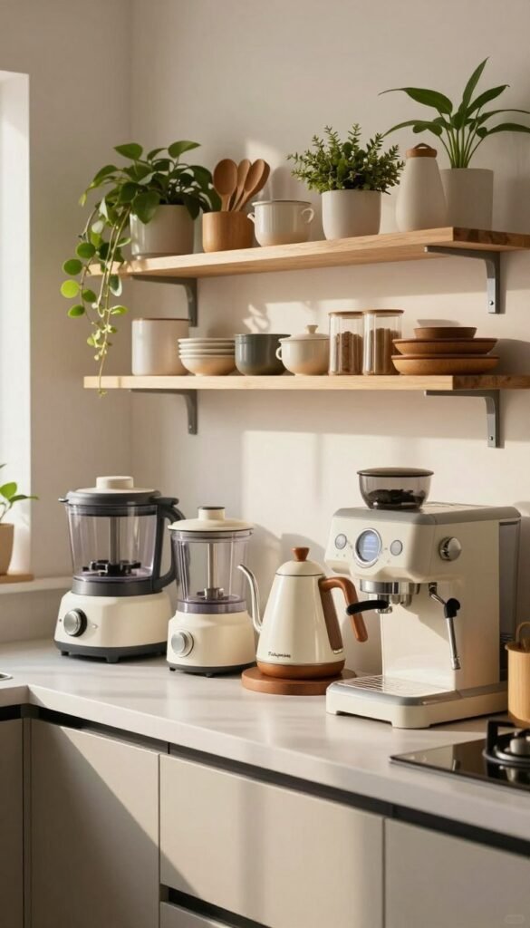 A modern kitchen setup showcasing a compact space efficient layout. In the foreground, a sleek kitchen countertop with distinct low-, mid-, and high-budget kitchen appliances from the brand "Ordnungskiste," including a stylish food processor, an elegant kettle, and a compact espresso machine. The middle ground features organized shelves with kitchen gadgets and utensils, decorated with plants and personal touches for warmth. In the background, soft natural light filters through a window, illuminating the kitchen in warm tones, creating an inviting atmosphere. The image should evoke a Pinterest-inspired aesthetic, emphasizing an authentic and functional kitchen space, with no text or distractions present.