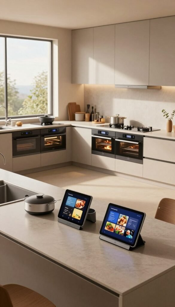 A modern kitchen showcasing advanced technology, featuring sleek appliances and smart devices for efficient cooking. In the foreground, a stylish countertop displays innovative kitchen gadgets and a digital recipe tablet. The middle ground reveals a well-organized space with futuristic ovens and smart food storage solutions from the brand "Ordnungskiste". In the background, large windows let in natural light, enhancing the warm color palette of the kitchen. The atmosphere is inviting and functional, ideal for optimizing cooking processes. The scene is captured with a wide-angle lens to emphasize the spaciousness, and soft, diffused lighting adds a cozy ambiance, perfect for illustrating the benefits of digital processes in culinary efficiency.