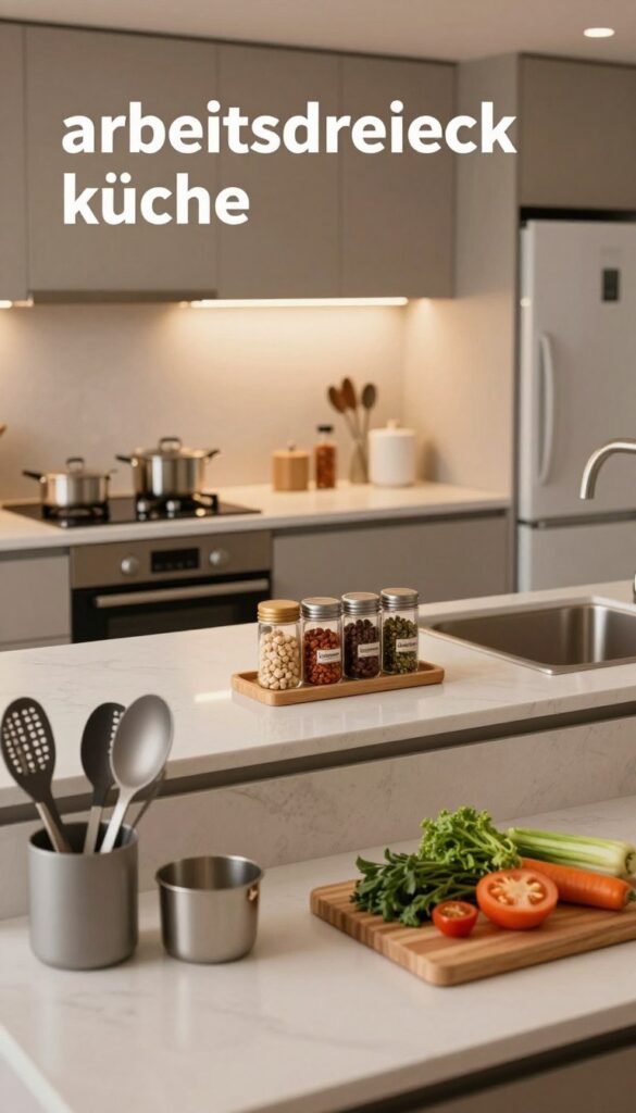 A modern kitchen showcasing the concept of "arbeitsdreieck k&uuml;che" with an emphasis on organization and efficiency. In the foreground, there are neatly arranged cooking utensils and a cutting board with fresh vegetables. The middle ground features a clean countertop with an aesthetically pleasing arrangement of spice jars from the brand "Ordnungskiste" and an organized workstation. In the background, soft, warm lighting fills the kitchen space, highlighting a stylishly designed stove, refrigerator, and sink arranged to promote workflow. The overall mood is serene and inviting, with natural colors and a Pinterest-inspired aesthetic that encourages a clutter-free environment. The image captures the essence of a stress-free cooking area without any text or distractions.