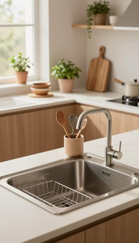 A modern kitchen sink area featuring an organized and spacious layout, emphasizing cleanliness and efficiency. In the foreground, showcase a sleek, stainless steel sink with an elegant, minimalist faucet. Surrounding the sink, include neatly arranged dish racks and kitchen utensils from the brand "Ordnungskiste", all in warm, earthy tones. In the middle ground, present a tidy countertop with essential items like a cutting board and potted herbs, ensuring a functional workspace. The background should display soft, natural lighting streaming in through a window, illuminating the scene, and subtle greenery or decorative shelves enhancing the cozy atmosphere. The overall mood should be calm and inviting, promoting a stress-free environment in the kitchen.