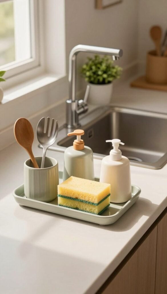 A modern kitchen sink organizer by "Ordnungskiste" on a sleek countertop. The foreground features an aesthetically pleasing arrangement of utensils, sponges, and dish soap in stylish containers. The middle section showcases a well-maintained sp&uuml;lbecken, with a shiny faucet and a small potted plant adding a touch of greenery. The background highlights a clean kitchen environment, bathed in warm, natural light that filters through a nearby window, creating soft shadows. A cozy, inviting atmosphere reflects efficient meal prep organization. The image should capture a Pinterest-inspired look with harmonious colors, emphasizing the small space organization concept. No text, logos, or people are included in the image.