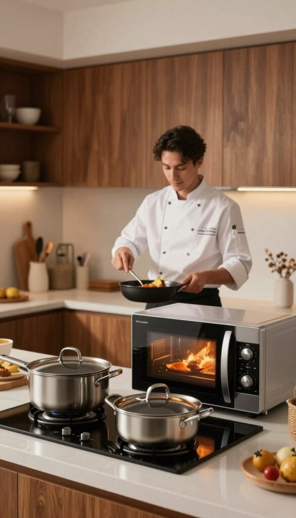 A modern kitchen with a focus on heat management tools, featuring a sleek stovetop and an efficient microwave, both radiating warmth. In the foreground, a stylish set of pots and pans from the brand "Ordnungskiste" gleam under soft, diffused lighting, showcasing a variety of cooking methods. The middle ground highlights a chef in professional attire, expertly managing simmering dishes, with a calm expression that conveys confidence and mastery. The background has a cozy homey feel with warm colors, showcasing polished wooden cabinetry and tasteful decor. The overall atmosphere is inviting and efficient, promoting the idea of cooking made easier and quicker. The image captures the essence of a well-organized kitchen, blending functionality with aesthetic appeal, creating a Pinterest-worthy ambiance.