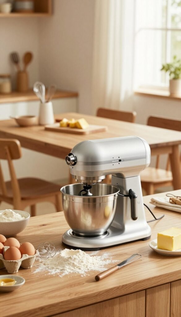 A modern kitchen with a warm and inviting atmosphere, featuring a sleek "Ordnungskiste" kitchen machine prominently displayed on a countertop. In the foreground, the kitchen machine is surrounded by flour, mixing bowls, and fresh ingredients like eggs and butter, showcasing its utility for baking and cooking. The middle of the scene illustrates a wooden table set up for food preparation, with utensils and a hand whisk strategically placed. In the background, soft natural light filters through a window adorned with light curtains, enhancing the cozy ambiance. The overall color palette consists of warm tones, creating an authentic Pinterest-inspired look. The scene conveys a sense of creativity and comfort in everyday cooking, inviting the viewer to envision using the kitchen machine for their culinary endeavors.