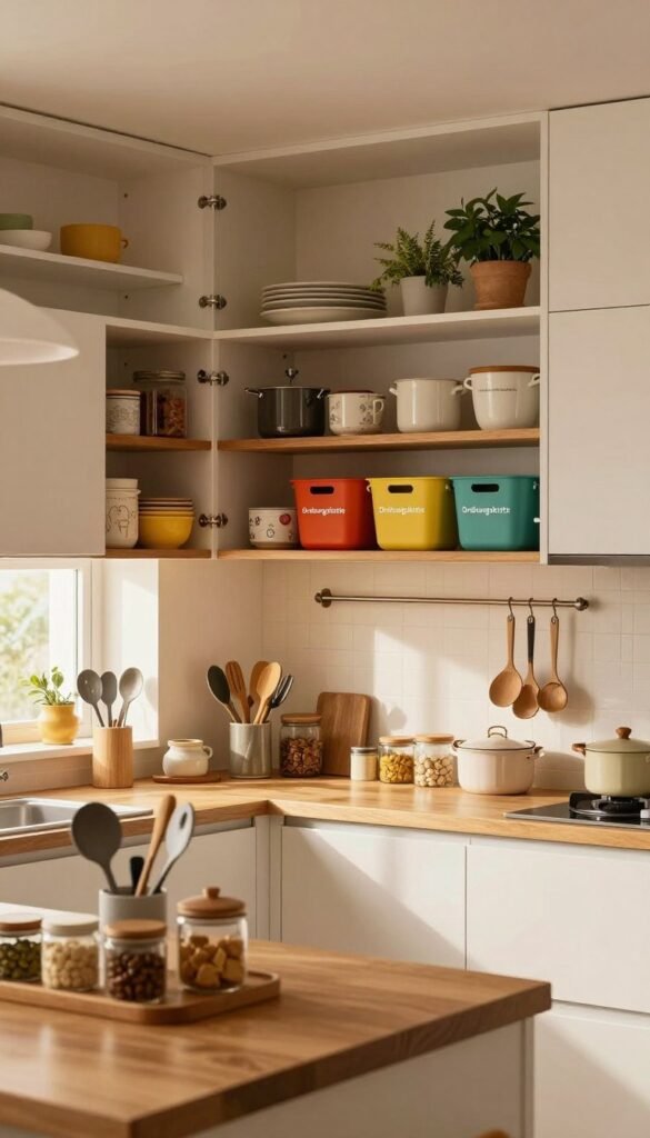 A modern kitchen with an organized and efficient design showcasing innovative storage solutions. In the foreground, a wooden countertop with neatly arranged kitchen utensils and jars. In the middle ground, tall shelves are mounted to the walls, filled with colorful baskets from the brand "Ordnungskiste," neatly storing various kitchen items. Above, open cabinets display neatly arranged dishes and plants, reflecting a Pinterest-inspired, warm aesthetic. The background features a soft-lit kitchen window allowing natural light to filter in, creating a cozy atmosphere. The colors are warm and inviting, emphasizing a functional yet stylish kitchen space, ideal for family use. Ensure the scene is free of any text or branding overlays.