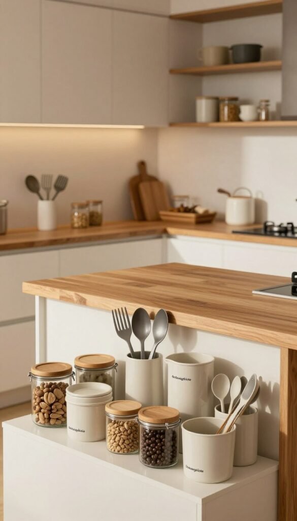 A modern kitchen with an organized layout, showcasing a variety of storage and organization products under warm, inviting lighting. In the foreground, neatly arranged kitchen tools, jars, and utensils in stylish, labeled containers from the brand "Ordnungskiste". The middle ground features a practical countertop with a beautiful, wood-finished island, seamlessly blending functional workspaces. In the background, well-structured cabinets and shelves display a minimalist, tidy aesthetic, highlighting efficient use of space. Capture the scene from a slightly elevated angle, giving a comprehensive view of the area, evoking an atmosphere of calm and productivity. The overall mood should feel harmonious and welcoming, with a natural color palette resembling popular Pinterest home styling, emphasizing clarity and order without any text or distractions.