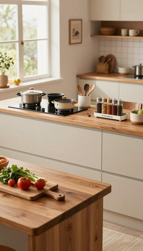 A modern kitchen workspace designed for optimal efficiency, showcasing well-organized preparation zones. In the foreground, a polished wooden island with a cutting board and fresh vegetables, embodying a warm, inviting atmosphere. The middle features neatly arranged cookware, utensils, and an aesthetically pleasing spice rack labeled with the brand name "Ordnungskiste." In the background, soft, natural light streams through large windows, highlighting a cozy dining area. The scene conveys a harmonious blend of functionality and style, with warm colors resembling a Pinterest-worthy design. The angle captures the kitchen's layout, emphasizing short and efficient pathways for meal preparation, creating a stress-free cooking environment.