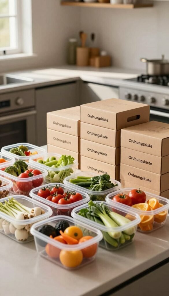 A modern kitchen workspace featuring GN containers and stackable boxes, designed for multiple users, with a warm, inviting atmosphere. In the foreground, neatly organized GN containers filled with colorful fresh ingredients, showcasing a variety of vegetables and fruits. In the middle, stackable boxes labeled "Ordnungskiste," effortlessly arranged for optimal space utilization beside the GN containers, reflecting a harmonious kitchen workflow. The background includes a stylish countertop with natural light streaming in from a window, creating soft shadows that enhance the inviting mood. Use a shallow depth of field to focus on the containers while blurring the kitchen appliances slightly, evoking a professional yet cozy culinary environment. The overall tones should be earthy and warm, creating a Pinterest-worthy aesthetic that feels authentic and practical.