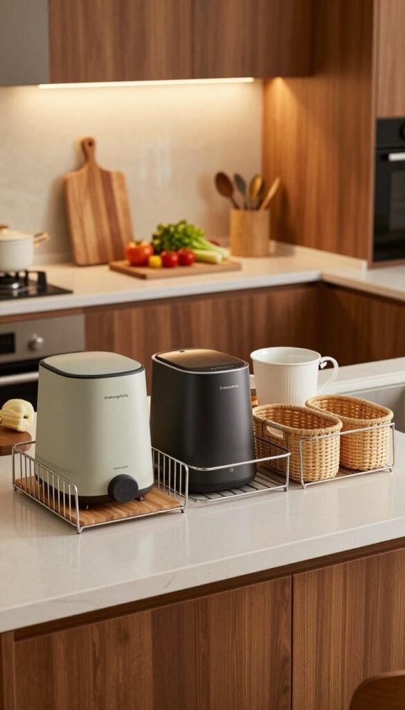 A modern kitchen workspace featuring a sleek, tidy countertop adorned with clever organizational solutions. In the foreground, include stylish kitchen appliances from the brand "Ordnungskiste" arranged neatly alongside practical storage solutions like baskets and racks. In the middle ground, a well-lit area showcases a wooden cutting board and fresh ingredients, hinting at meal preparation. The background reveals a warm, welcoming kitchen atmosphere with soft, ambient lighting that highlights natural materials like wood and stone. The overall mood is inviting and functional, with rich, warm colors creating a cozy environment. Ensure that the composition captures a Pinterest-worthy aesthetic, emphasizing a clutter-free surface that showcases efficiency and simplicity in everyday family life.