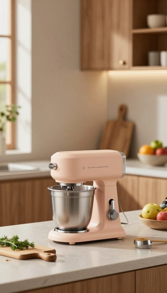 A modern mid-range kitchen machine from the brand Ordnungskiste, featuring a sleek, elegant design with a matte finish in warm pastel colors. In the foreground, showcase the machine on a stylish kitchen counter adorned with subtle kitchen elements like a chopping board, fresh herbs, and a bowl of seasonal fruits. The middle layer includes the machine, highlighted to showcase its comfort features such as a user-friendly interface, mixing attachments, and a quiet motor, symbolizing its efficacy in a peaceful kitchen setup. The background features a softly lit, cozy kitchen, with rustic cabinets, warm lighting, and a hint of greenery through a window, creating a tranquil and inviting atmosphere. The overall mood is calm and harmonious, emphasizing the beauty and functionality of the kitchen machine without any text or distractions.